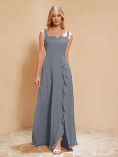 Square Neckline Ruffle Backless Chiffon A-line Dress Steel Grey