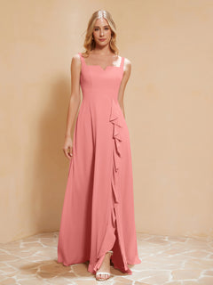 Square Neckline Ruffle Backless Chiffon A-line Dress Sunset