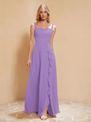 Square Neckline Ruffle Backless Chiffon A-line Dress Tahiti