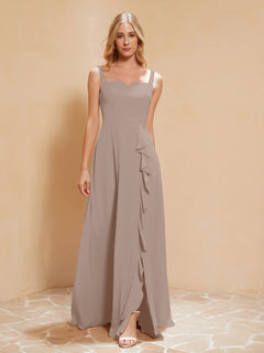 Square Neckline Ruffle Backless Chiffon A-line Dress Taupe