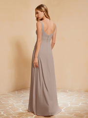Square Neckline Ruffle Backless Chiffon A-line Dress Taupe
