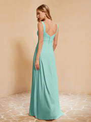 Square Neckline Ruffle Backless Chiffon A-line Dress Turquoise