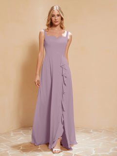 Square Neckline Ruffle Backless Chiffon A-line Dress Vintage Mauve