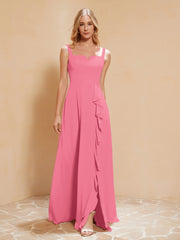 Square Neckline Ruffle Backless Chiffon A-line Dress Watermelon