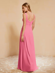 Square Neckline Ruffle Backless Chiffon A-line Dress Watermelon