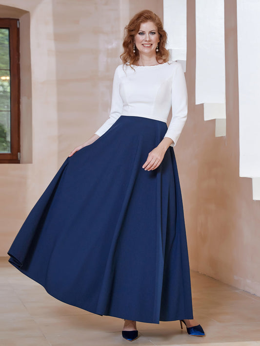 Tea-length Bateau Neck Satin Lace Sheath Dress Dark Navy