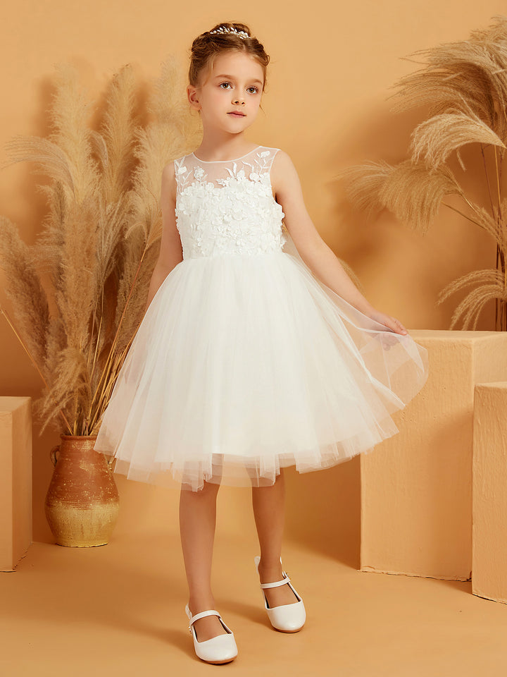 Crew Neck Tulle Appliques A Line Flower Girl Dress with Bowknot main image 1