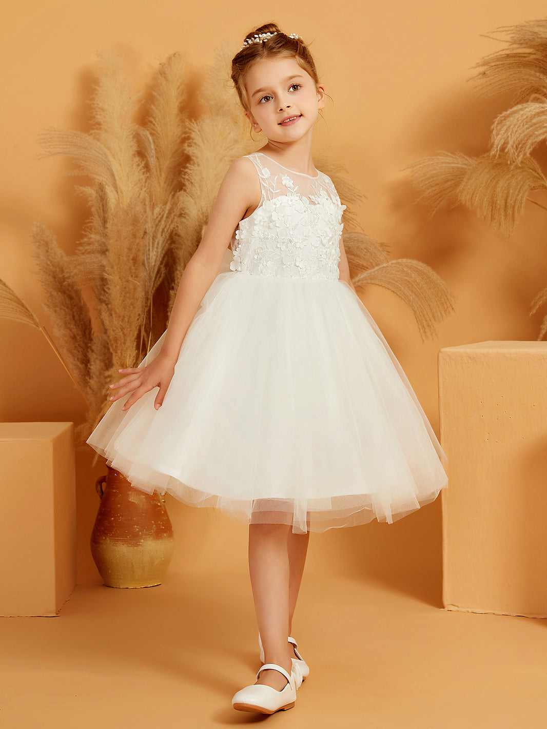 Long sleeves Floral Applique A-line Flower Girl Dress Moss