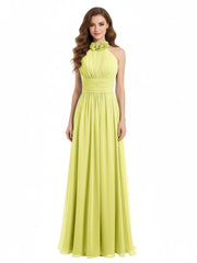 Halter Chiffon Full Length Dress with Flowers-Daffodil