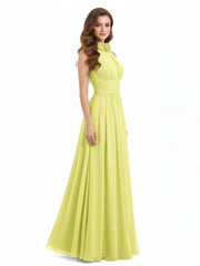 Halter Chiffon Full Length Dress with Flowers-Daffodil