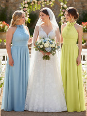 Halter Chiffon Full Length Dress with Flowers-Daffodil