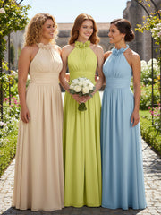 Halter Chiffon Full Length Dress with Flowers-Daffodil