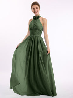 Halter Chiffon Full Length Dress with Flowers-Olive Green