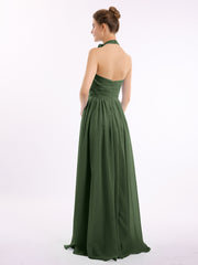 Halter Chiffon Full Length Dress with Flowers-Olive Green Plus Size