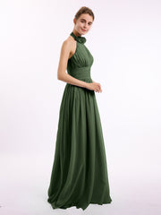Halter Chiffon Full Length Dress with Flowers-Olive Green Plus Size