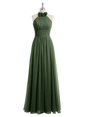 Halter Chiffon Full Length Dress with Flowers-Olive Green Plus Size