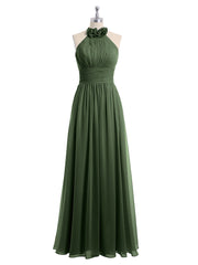 Halter Chiffon Full Length Dress with Flowers-Olive Green