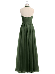 Halter Chiffon Full Length Dress with Flowers-Olive Green