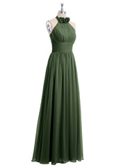 Halter Chiffon Full Length Dress with Flowers-Olive Green