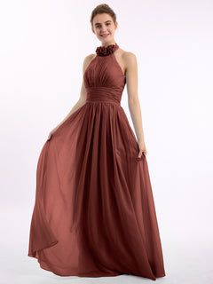 Halter Chiffon Full Length Dress with Flowers-Terracotta