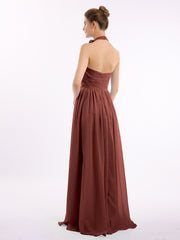 Halter Chiffon Full Length Dress with Flowers-Terracotta Plus Size
