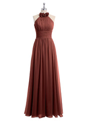 Halter Chiffon Full Length Dress with Flowers-Terracotta