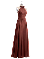 Halter Chiffon Full Length Dress with Flowers-Terracotta