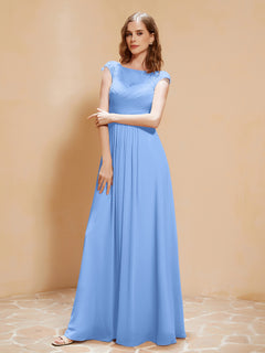 Illusion Neck Cap Sleeve Chiffon Lace Dress Blue