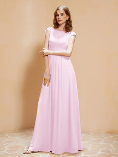 Illusion Neck Cap Sleeve Chiffon Lace Dress Blushing Pink