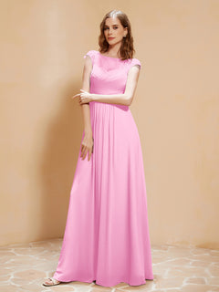 Illusion Neck Cap Sleeve Chiffon Lace Dress Candy Pink