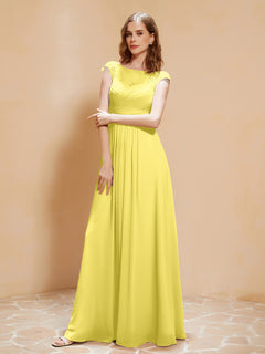 Illusion Neck Cap Sleeve Chiffon Lace Dress Lemon