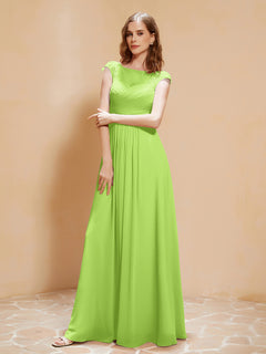 Illusion Neck Cap Sleeve Chiffon Lace Dress Lime Green