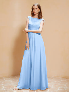 Illusion Neck Cap Sleeve Chiffon Lace Dress Sky Blue