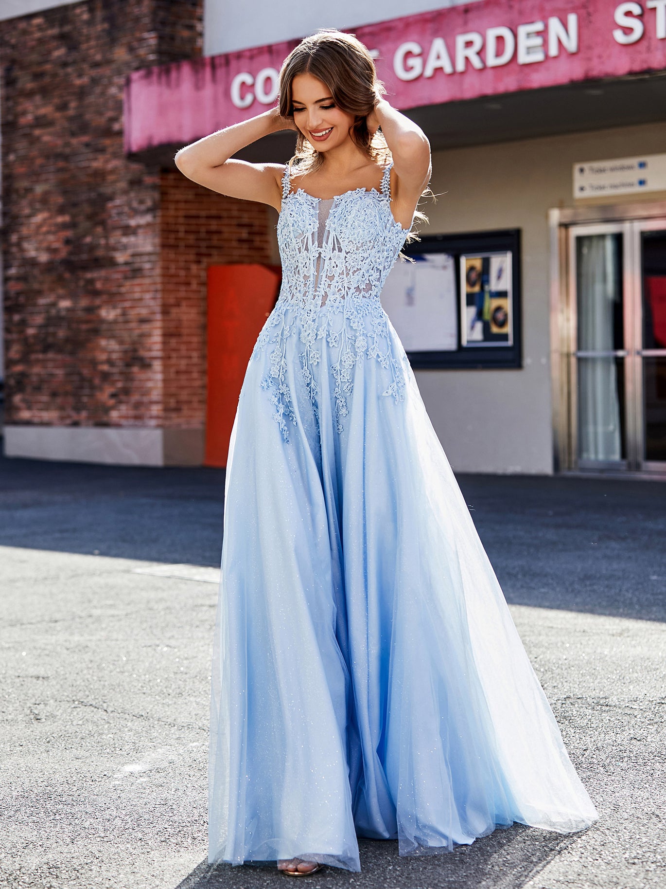 BABARONI Tulle Sky Blue Prom Dresses A-line Square Appliqued Lace Ruched  Zipper