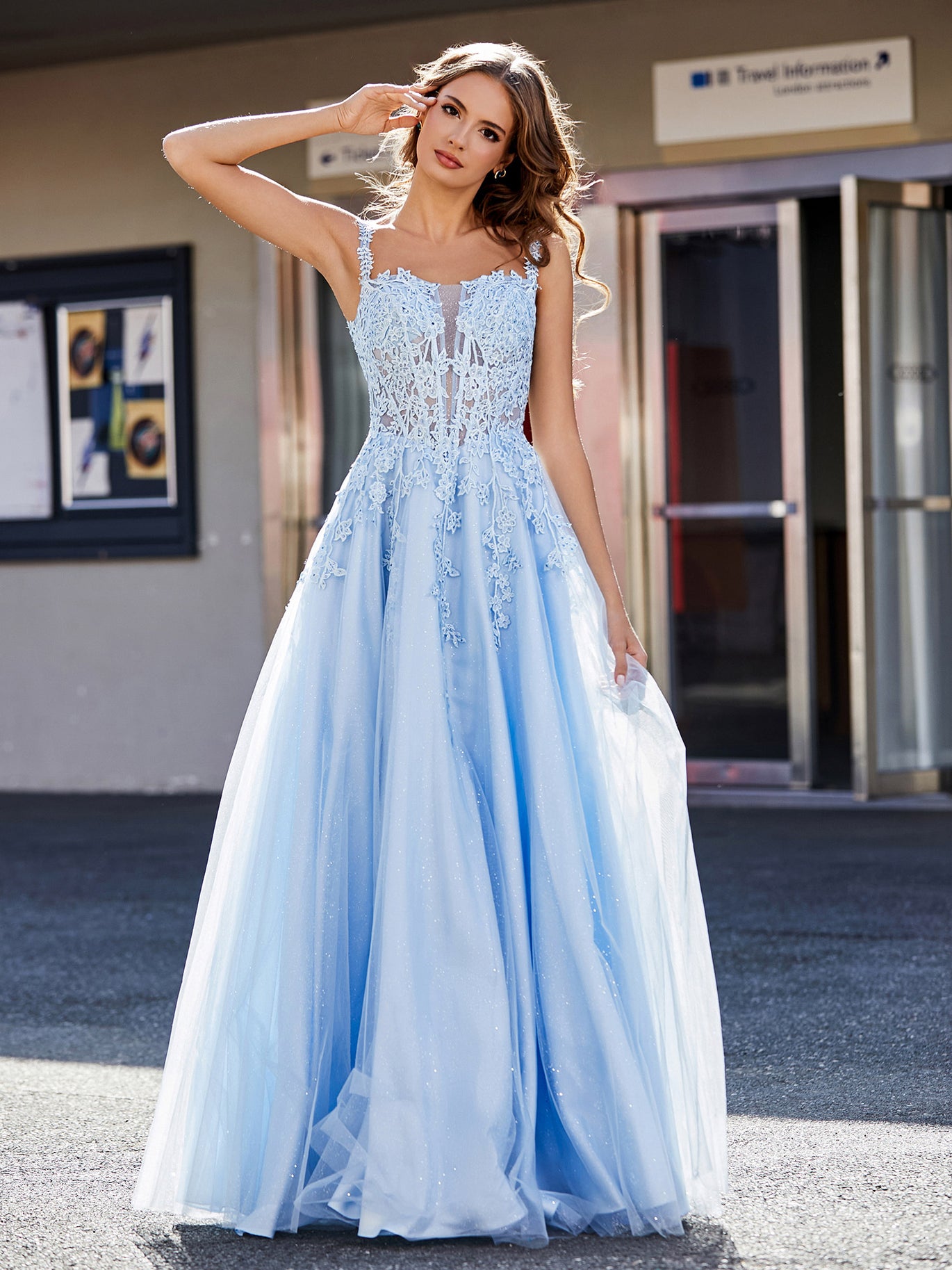 BABARONI BABARONI Tulle Slate Blue Prom Dresses A-Line Square Appliqued Lace Ruched Zipper, Slate Blue / US0