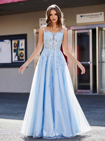 Square Neckline Corset Bodice Satin Gown with Train Ocean Blue