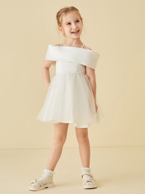 Off-the-shoulder Satin Long Flower Girl Dress with Bow Mulberry