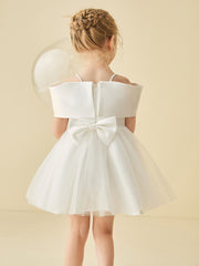 Off-the-shoulder Mini Flower Girl Dress with Bow