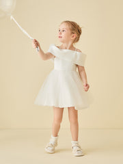 Off-the-shoulder Mini Flower Girl Dress with Bow