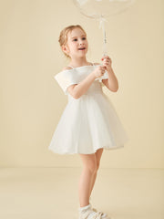 Off-the-shoulder Mini Flower Girl Dress with Bow
