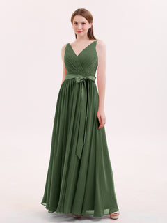 V Neck Chiffon Bridesmaid Dress with Satin Sash Bow-Olive Green