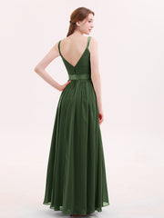 V Neck Chiffon Bridesmaid Dress with Satin Sash Bow-Olive Green