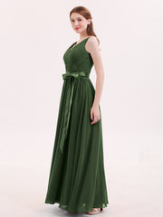 V Neck Chiffon Bridesmaid Dress with Satin Sash Bow-Olive Green Plus Size