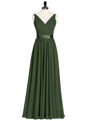 V Neck Chiffon Bridesmaid Dress with Satin Sash Bow-Olive Green Plus Size