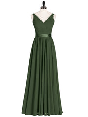 V Neck Chiffon Bridesmaid Dress with Satin Sash Bow-Olive Green