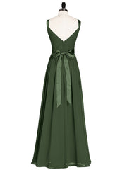 V Neck Chiffon Bridesmaid Dress with Satin Sash Bow-Olive Green Plus Size