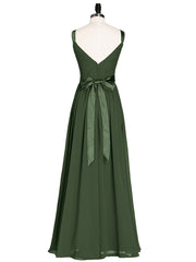 V Neck Chiffon Bridesmaid Dress with Satin Sash Bow-Olive Green