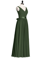 V Neck Chiffon Bridesmaid Dress with Satin Sash Bow-Olive Green Plus Size