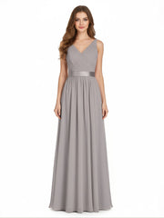 V Neck Chiffon Bridesmaid Dress with Satin Sash Bow-Silver