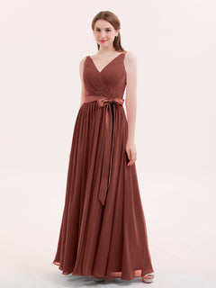 V Neck Chiffon Bridesmaid Dress with Satin Sash Bow-Terracotta